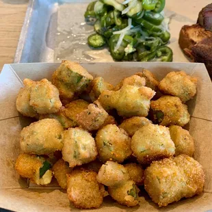 Spicy fried okra and bread &amp; butter pickle, onion and jalapeño relish