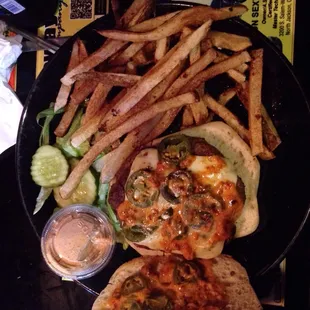 Fire cracker burger with fries