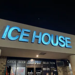 the front of the building at night