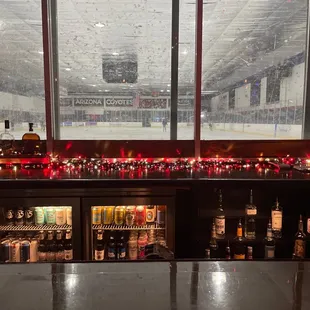 Bar view, can see hockey games