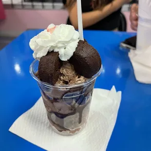 a chocolate sundae with whipped cream on top
