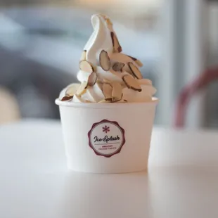 White Chocolate Mousse Frozen Yogurt with Sliced Almonds.