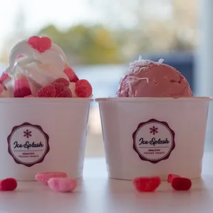 Euro Tart Frozen Yogurt, Raspberry Handmade Ice Cream with Valentine Gummies and Candy Corn.