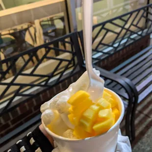 a person holding a bowl of ice cream