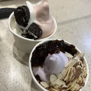 Strawberry with Oreo topping Taro with almond and coffee jelly toppings