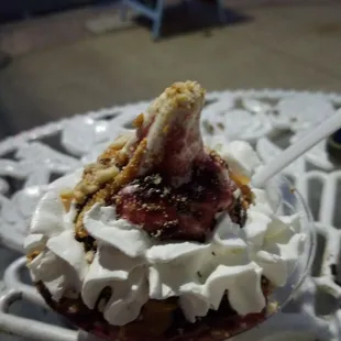 Peanut butter and jelly sundae. The hidden treasure was the crunchy white bread.