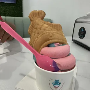 Cookie Monster and Strawberry swirl taiyaki with cream cheese filling (inside)