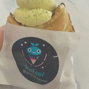 Taiyaki cone (Nutella filling, vanilla ice cream, matcha powder)