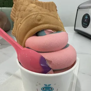 Cookie Monster and Strawberry swirl taiyaki with cream cheese filling (inside)