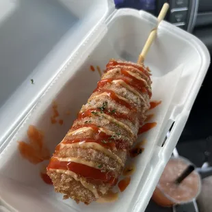 Mozzarella Cheese Dog with Spicy Mayo, Sweet Chili and Extra Sugar