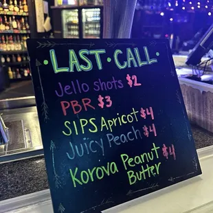 Last call shot menu of the night