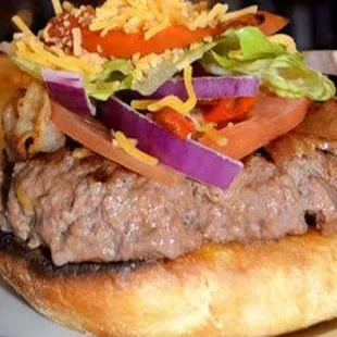 a hamburger with lettuce, tomatoes, onions, and cheese