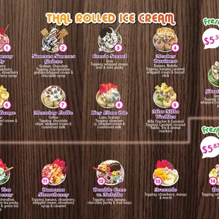 a menu for a variety of desserts