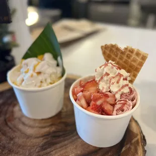 Mango sticky rice ice cream and strawberry cheesecake ice cream