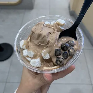 Chocolate soft serve with mochi and boba pearls