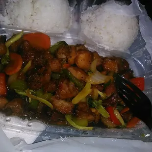 a plastic container filled with rice and vegetables