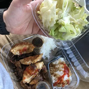 Combo with chicken, beef, and gyoza