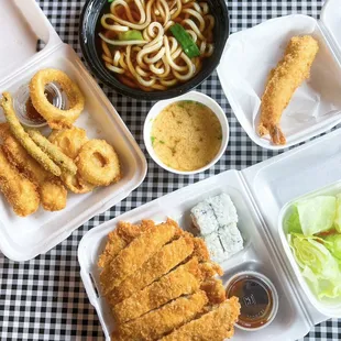 Tempura udon, chicken katsu bento box