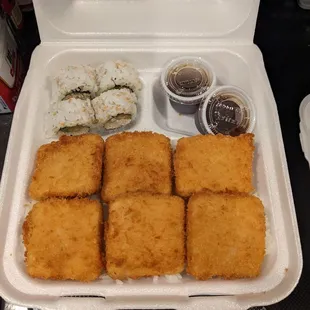 Tofu bento part 1 (tempura, miso soup and salad in separate containers)