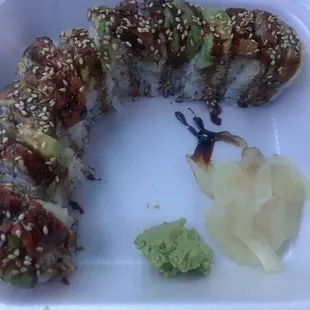 Dragon roll: Crab meat, avocado and eel. Yum!