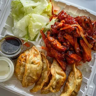 $17 - house special chicken ($2 for spicy), 5pc Gyoza, and egg roll