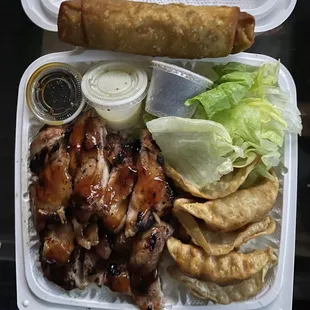 Combo One ($12.99)Chicken teriyaki and five pieces gyoza. One piece egg roll comes with steamed rice and salad