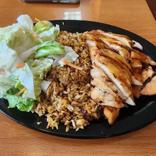 White chicken teriyaki with fried rice. No extra cost.