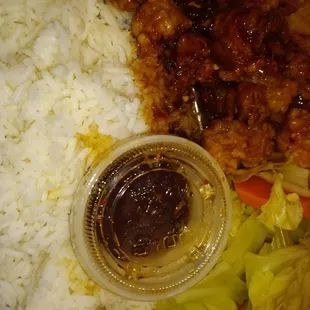 rice, meat, and vegetables