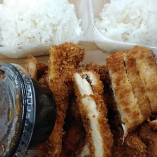 chicken strips, rice, and sauce