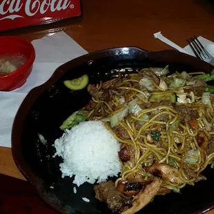Teriyaki Chicken &amp; Beef Yakisoba Noodles with complimentary Egg flower soup!