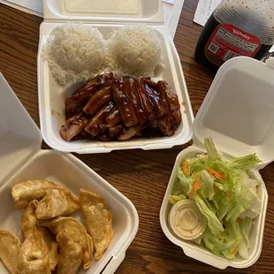 Teriyaki chicken with a size of gyozas