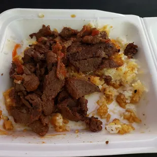 Half eaten, but what I received instead. Looks like regular Beef Teriyaki to me, even if you use the restaurant&apos;s photos on their menu.