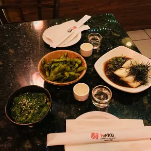 HH Agedashi Tofu, Edamame Garlic, Wakame Salad and Litchee sake