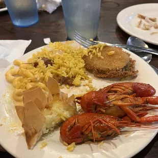 Macaroni and cheese, fried zucchini, and crawdads