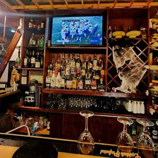 Bar area, decorated for Halloween.