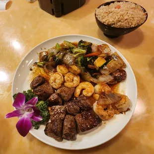 Ichiban Filet and shrimp dinner with fried rice.