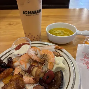 Large perfectly boiled fresh shrimp and more