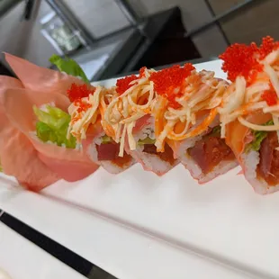 a close up of a sushi roll