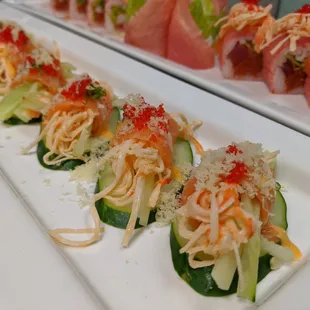 a long row of sushi rolls