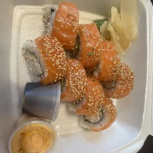 49ers roll w/crabmeat inside, avocado, salmon outside $11.95 12/1/23
