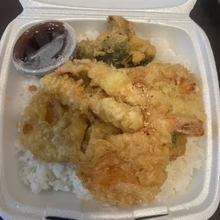 Veggie and shrimp Tempura on a bed of rice with teriyaki sauce $9.95 12/1/23
