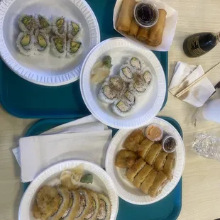 California roll, avocado roll, Las Vegas roll and crunchy shrimp roll both deep fried. A side of egg rolls.