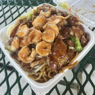 Chicken &amp; Shrimp Teriyaki with white rice and noodles