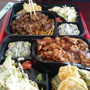 Chicken and Beef Bento boxes.  Tasted great and loved the tempura and california roll that came with it.