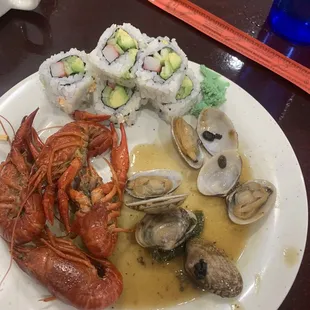 Crawfish, clams, and California Roll Sushi