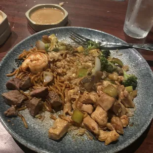 Steak and Chicken Hibachi Dinner. Served with fried rice, noodles, vegetables, and 2 shrimp
