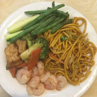 Lo mein, shrimp, mixed veggies with tofu, zucchini, and green beans.