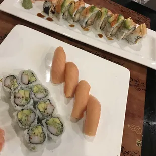 California roll, smoked salmon sushi, and Juju roll