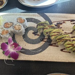 Crunchy spicy salmon roll and Ginza roll