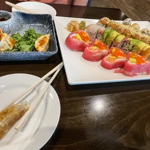 Gyoza, Left to right is the Cherry Blossom, Rainbow, Million Dollar roll and last is the Spicy Yellowtail roll.